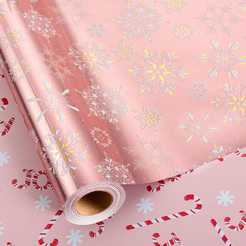 MAYPLUSS Pink Christmas Wrapping Paper Roll - 17IN X 33FT - Gift Wrapping Paper Featuring Gold and White Snowflake Reversible Candy Cane for Kids, Holiday, New Year - Image 1